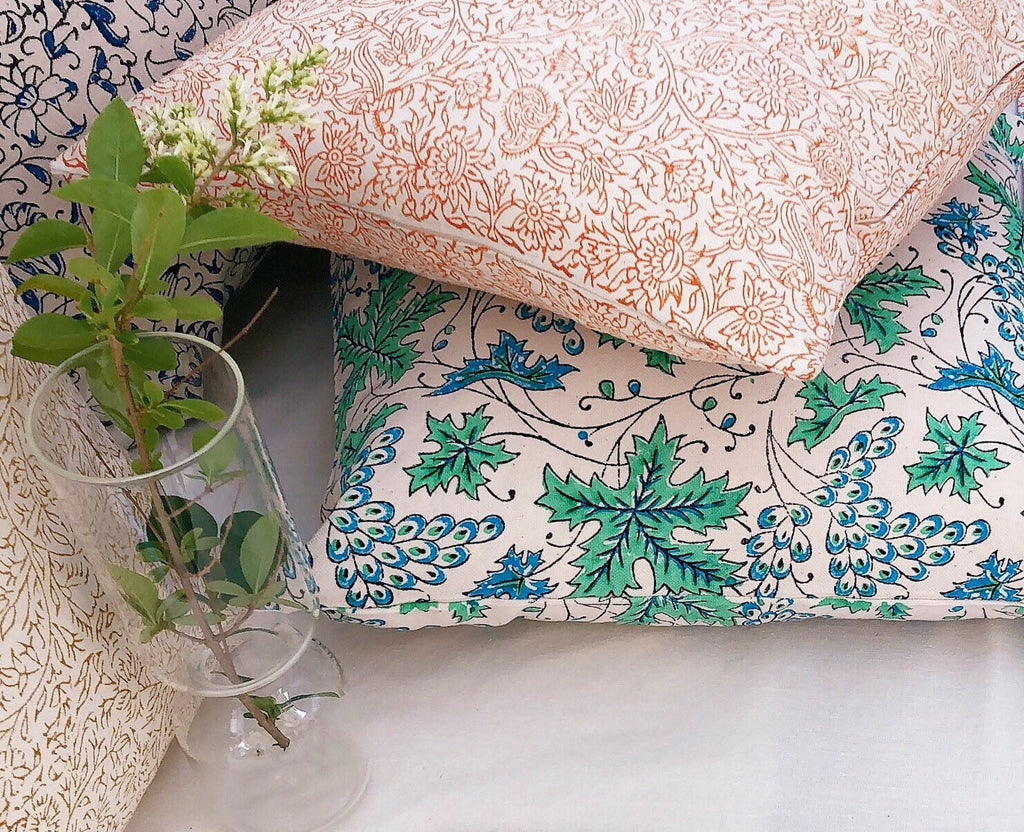 Handmade Bird Foliage Cushion Cover – 45×45 cm Organic Cotton (Multiple Colours)