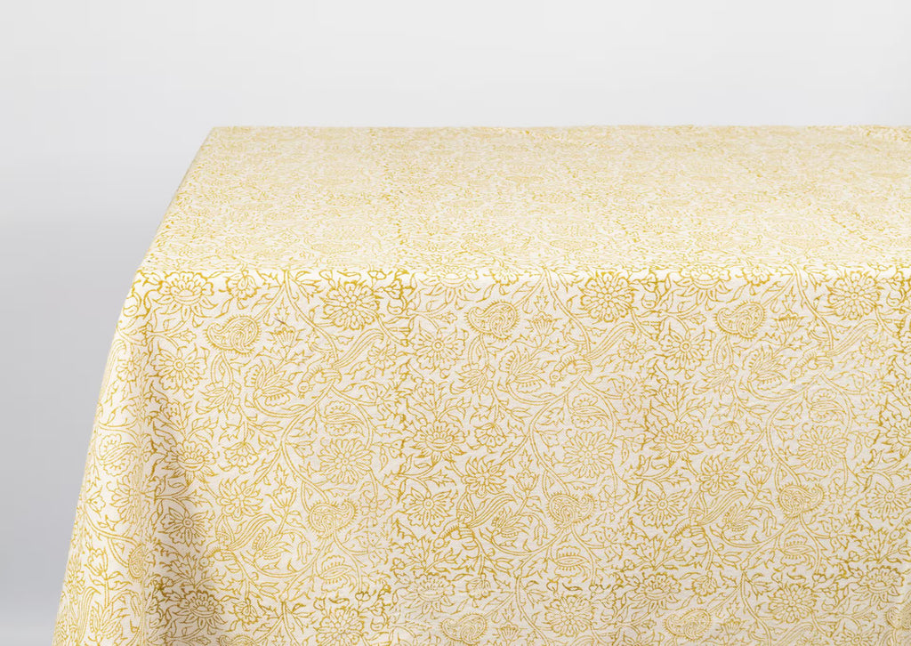 BIRD FOLIAGE TABLECLOTH, Rectangle Hand Block Printed Table Cloth 177×228cm/70×90", Machine Washable Dining Table Cover, Organic Cotton