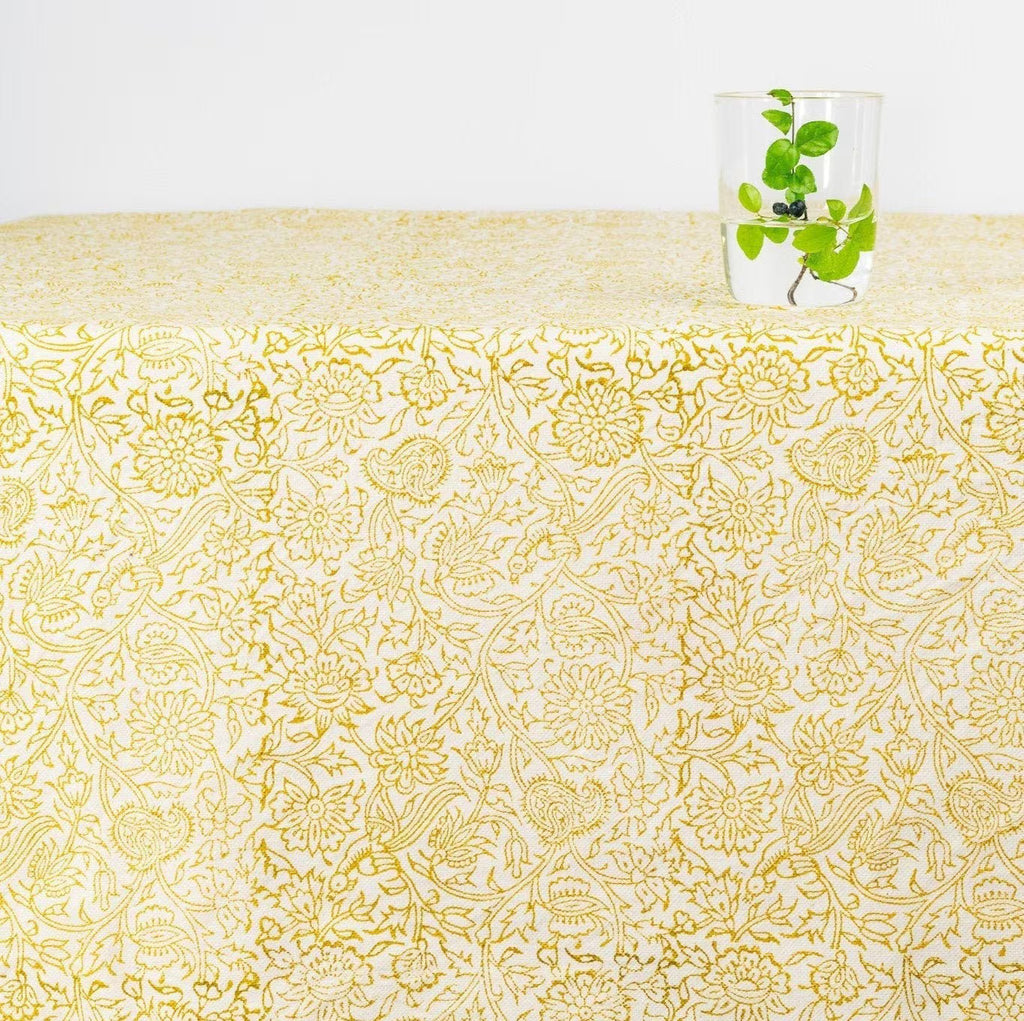 BIRD FOLIAGE TABLECLOTH, Rectangle Hand Block Printed Table Cloth 177×228cm/70×90", Machine Washable Dining Table Cover, Organic Cotton