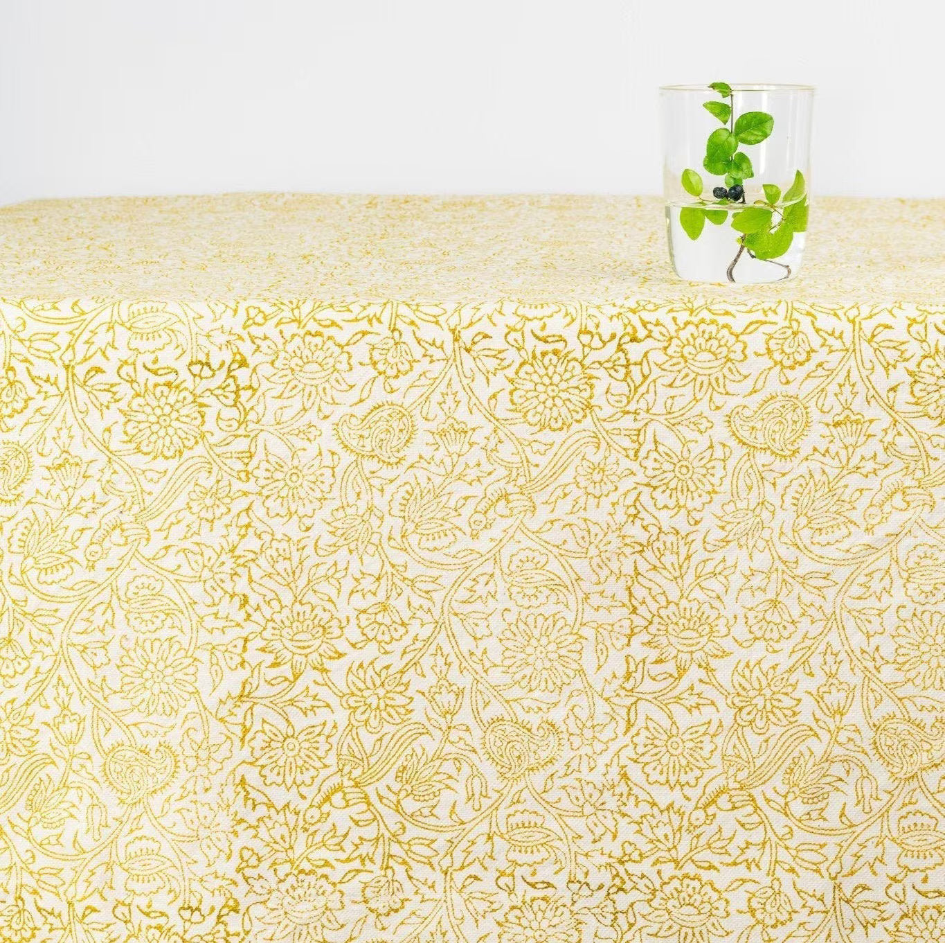 BIRD FOLIAGE TABLECLOTH, Rectangle Hand Block Printed Table Cloth 177×228cm/70×90", Machine Washable Dining Table Cover, Organic Cotton